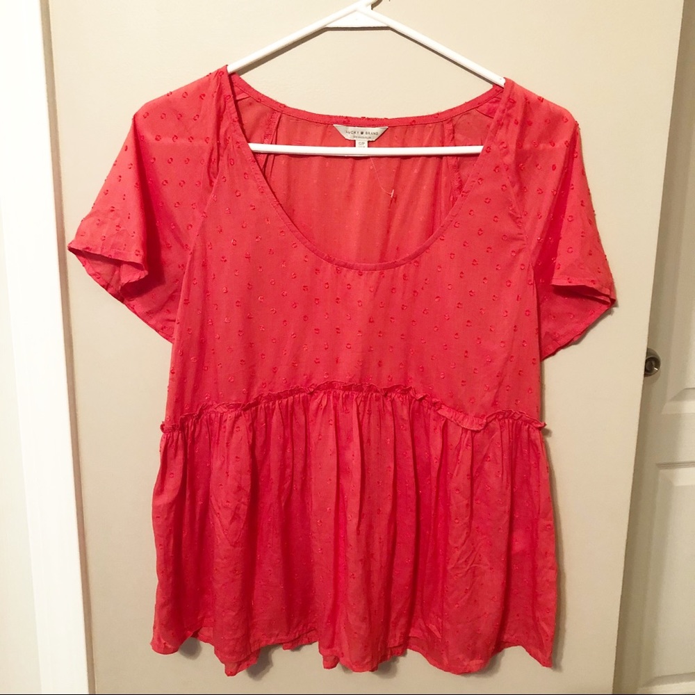 Lucky Brand Swiss dot salmon baby doll top, small
